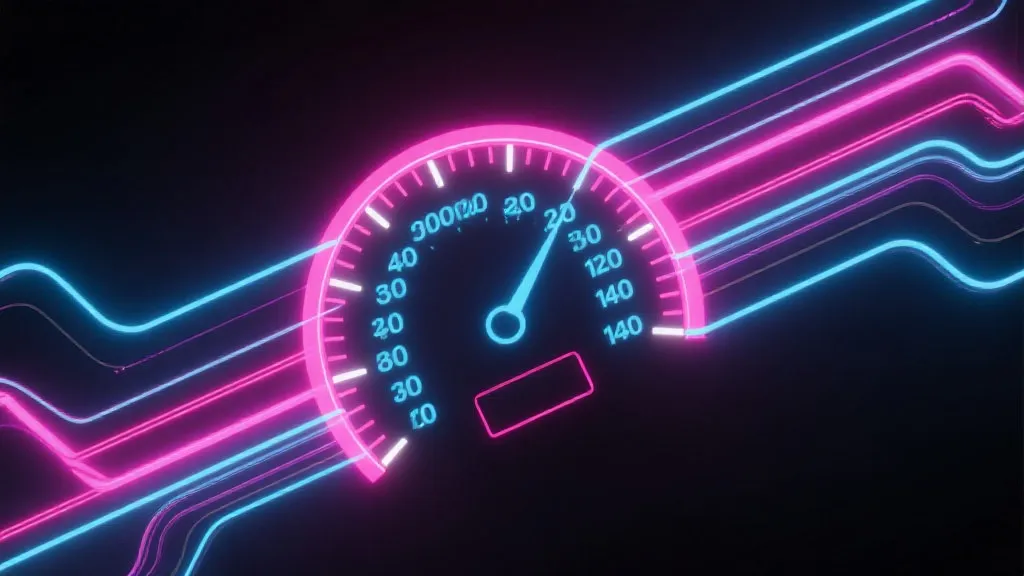 访问与线路示意图：抽象霓虹网络与速度表，表达稳定加速